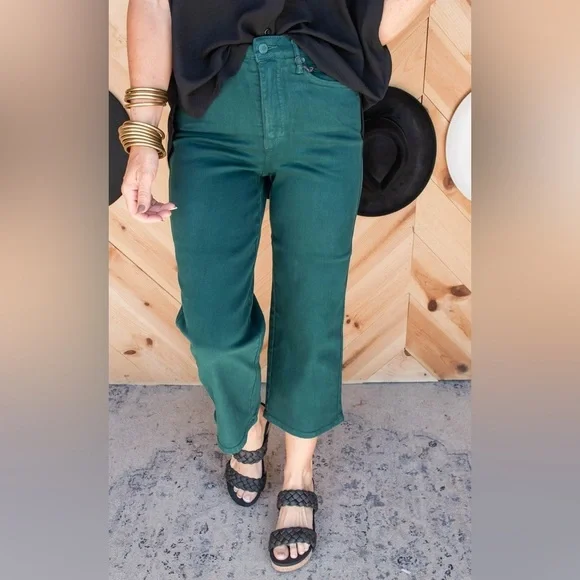 Judy Blue Tummy Control High Rise Wide Crop Denim Jeans | Teal - Picture 2 of 10